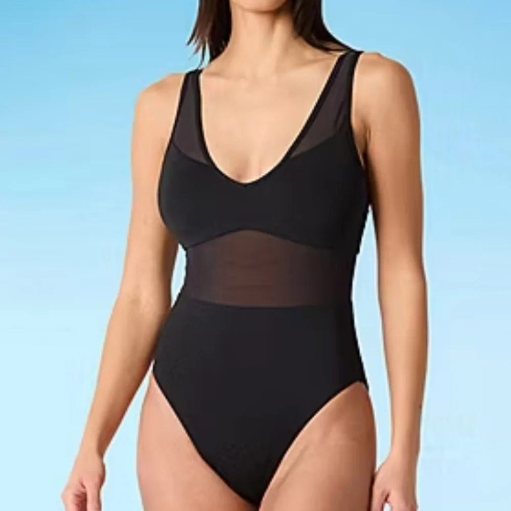 Mynah Women's Size Large Bathing Suit Swimwear Black Mesh Midriff